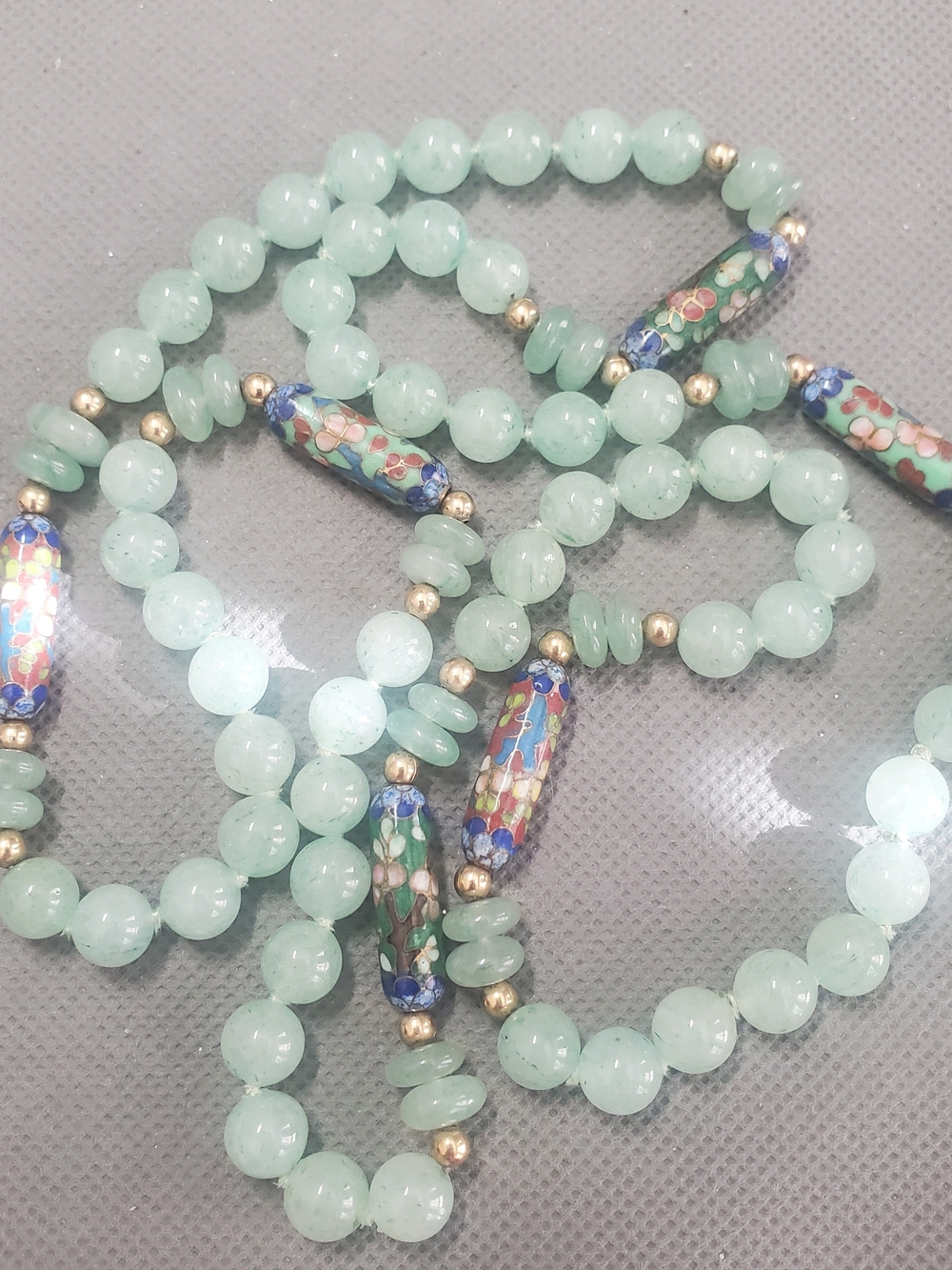 Vintage Chinese Export 14kt Gold Jade Cloisonne Necklace 30" Opera Length